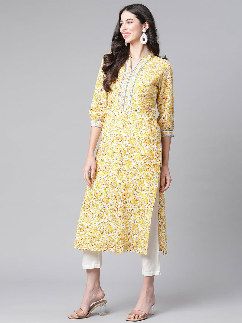 Indibelle Cotton Yellow Paisely Print Kurta