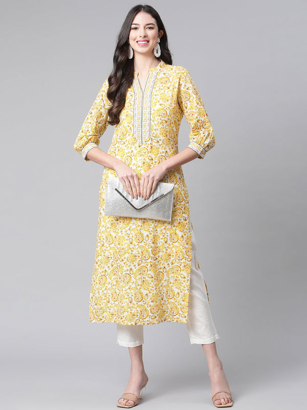 Indibelle Cotton Yellow Paisely Print Kurta