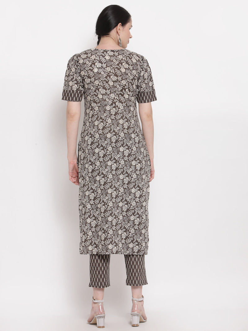 Indibelle Cotton Coffee Brown Floral Print Straight Kurta