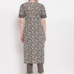 Indibelle Cotton Coffee Brown Floral Print Straight Kurta