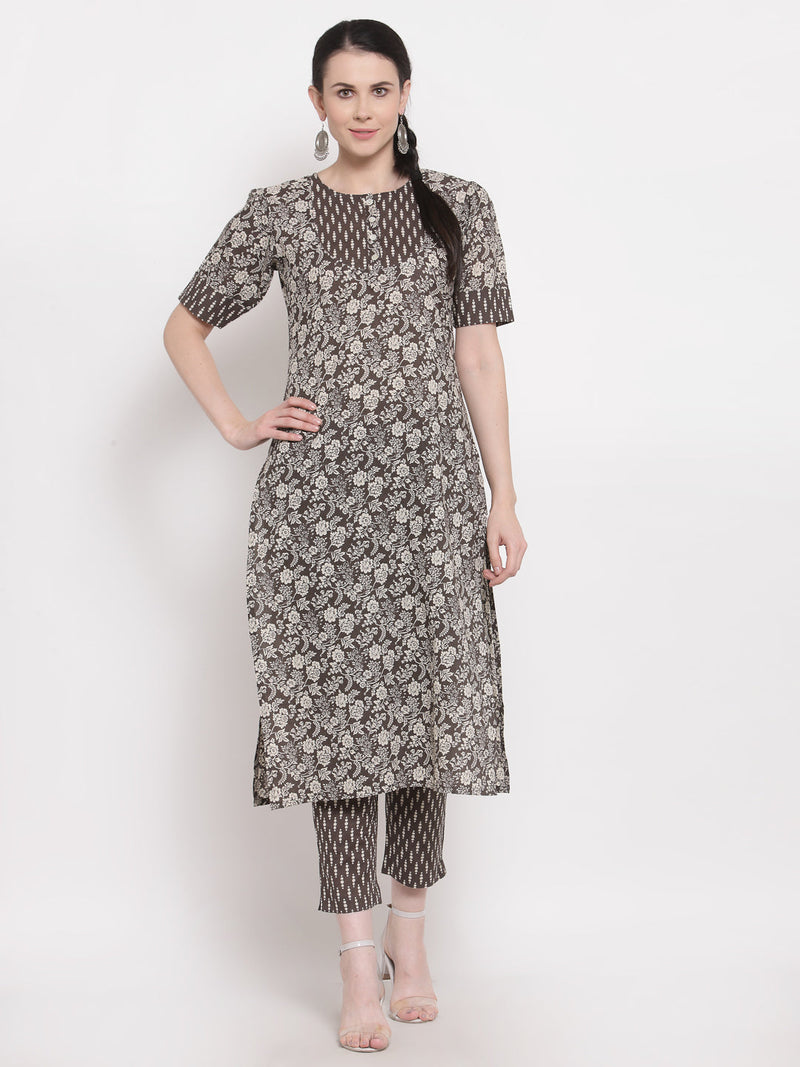 Indibelle Cotton Coffee Brown Floral Print Straight Kurta