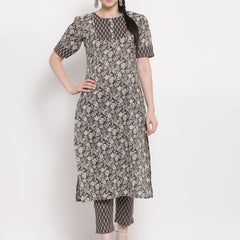 Indibelle Cotton Coffee Brown Floral Print Straight Kurta
