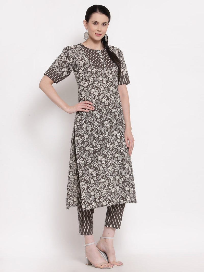Indibelle Cotton Coffee Brown Floral Print Straight Kurta