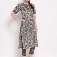 Indibelle Cotton Coffee Brown Floral Print Straight Kurta
