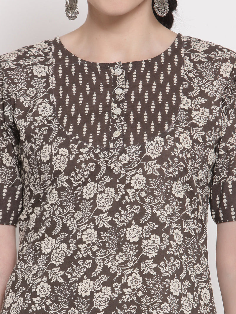 Indibelle Cotton Coffee Brown Floral Print Straight Kurta