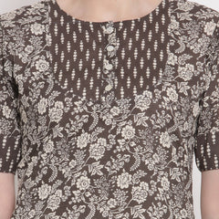 Indibelle Cotton Coffee Brown Floral Print Straight Kurta