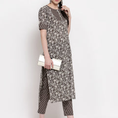 Indibelle Cotton Coffee Brown Floral Print Straight Kurta