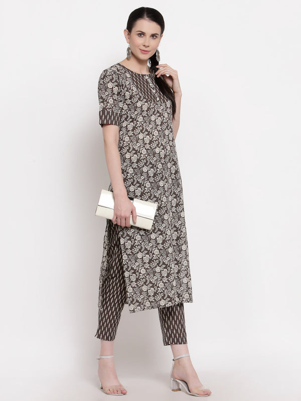 Indibelle Cotton Coffee Brown Floral Print Straight Kurta set