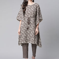Indibelle Cotton Coffee Floral Print Kaftan Kurta set
