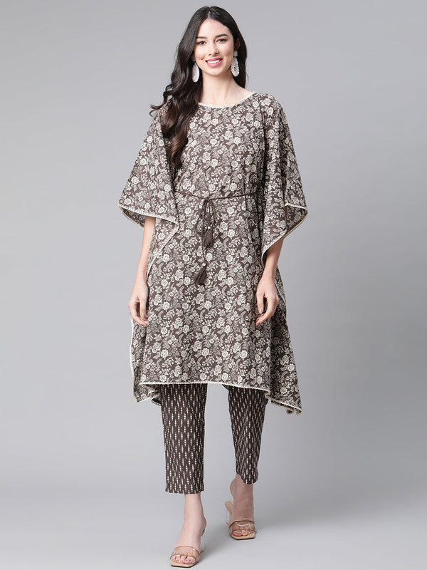 Indibelle Cotton Coffee Floral Print Kaftan Kurta