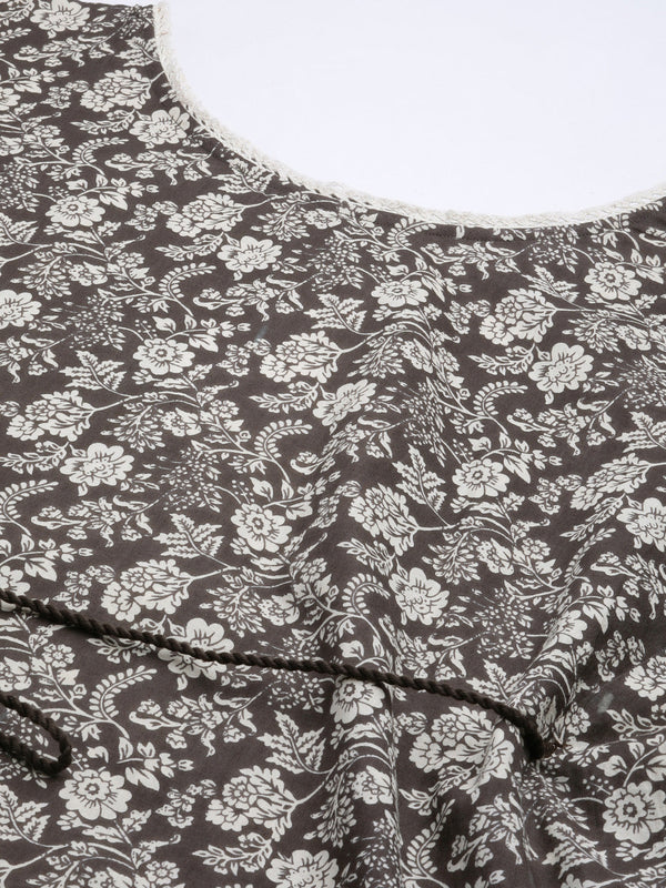 Indibelle Cotton Coffee Floral Print Kaftan Kurta