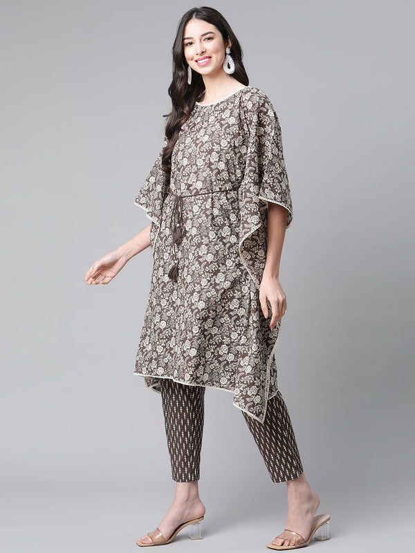 Indibelle Cotton Coffee Floral Print Kaftan Kurta