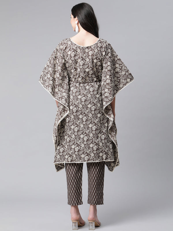 Indibelle Cotton Coffee Floral Print Kaftan Kurta