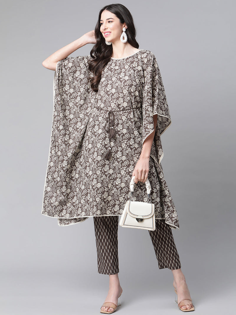 Indibelle Cotton Coffee Floral Print Kaftan Kurta set