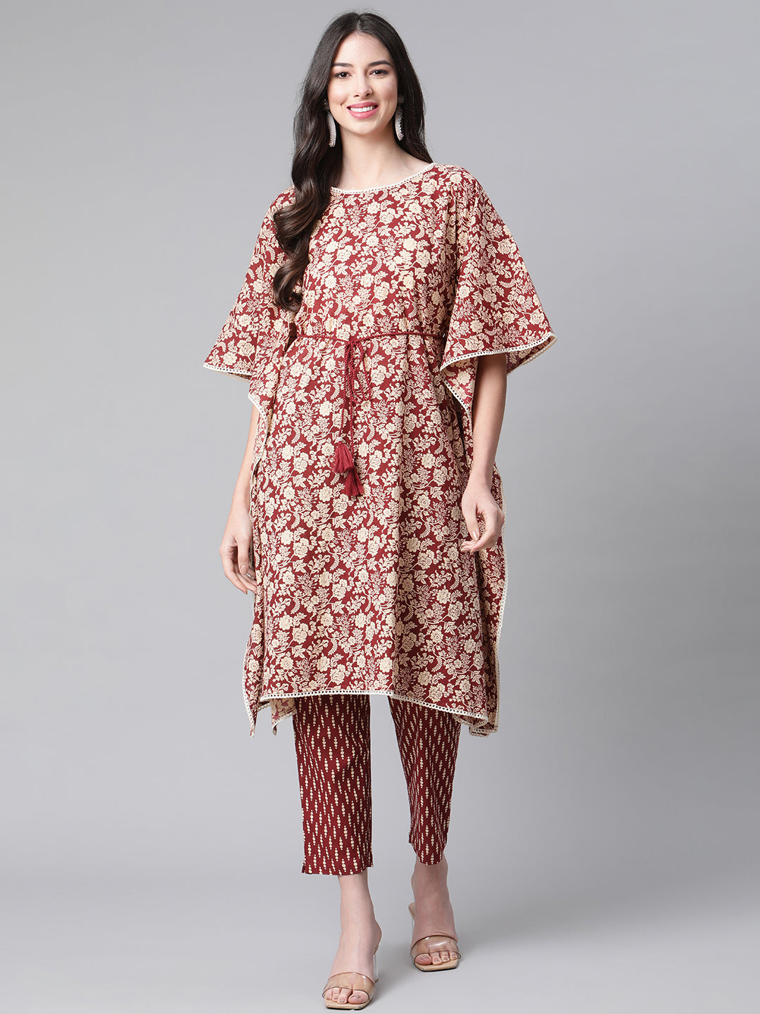 Indibelle Cotton Maroon Floral Print Kaftan Kurta set