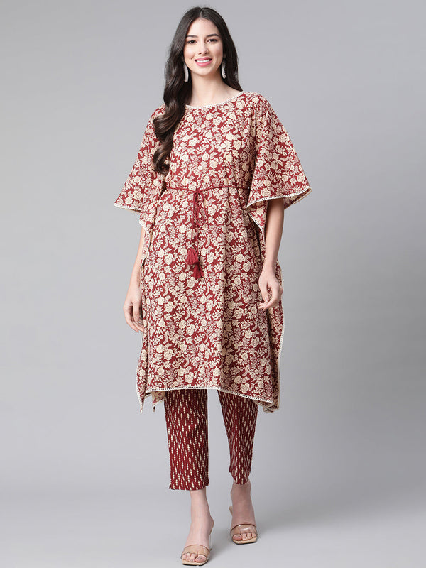 Indibelle Cotton Maroon Floral Print Kaftan Kurta set