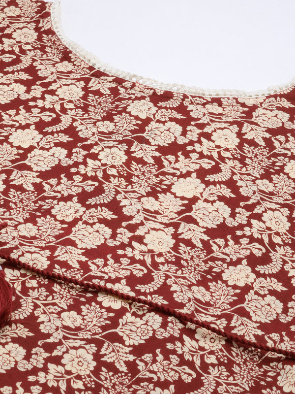 Indibelle Cotton Maroon Floral Print Kaftan Kurta