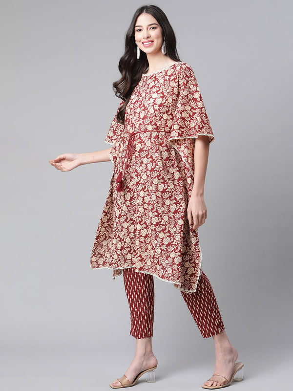 Indibelle Cotton Maroon Floral Print Kaftan Kurta
