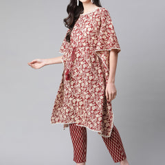 Indibelle Cotton Maroon Floral Print Kaftan Kurta set