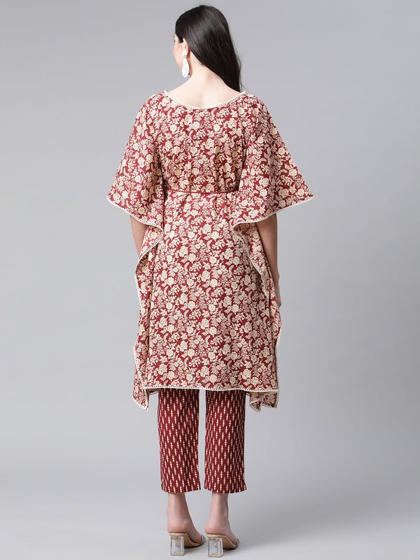 Indibelle Cotton Maroon Floral Print Kaftan Kurta