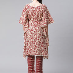 Indibelle Cotton Maroon Floral Print Kaftan Kurta set