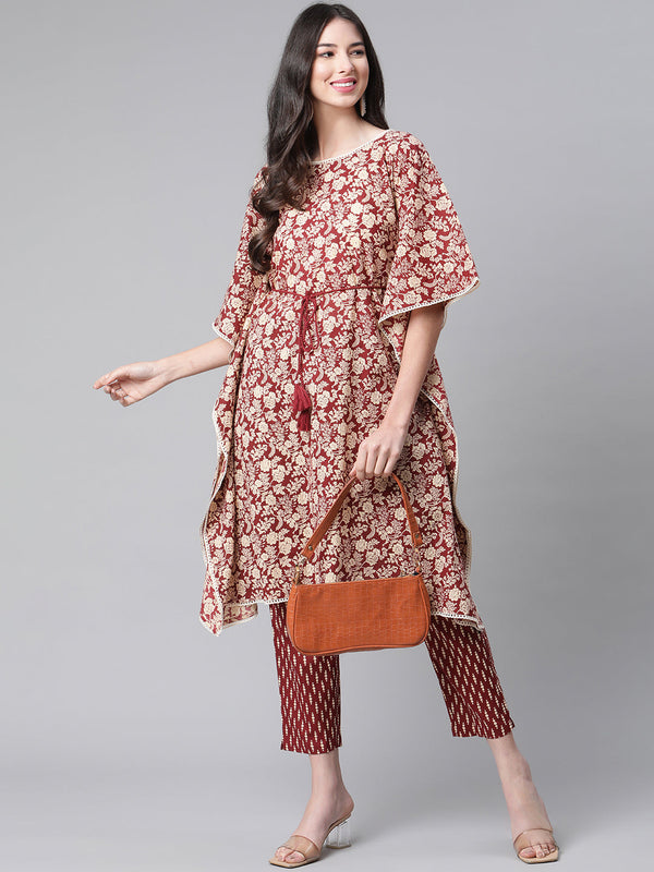 Indibelle Cotton Maroon Floral Print Kaftan Kurta