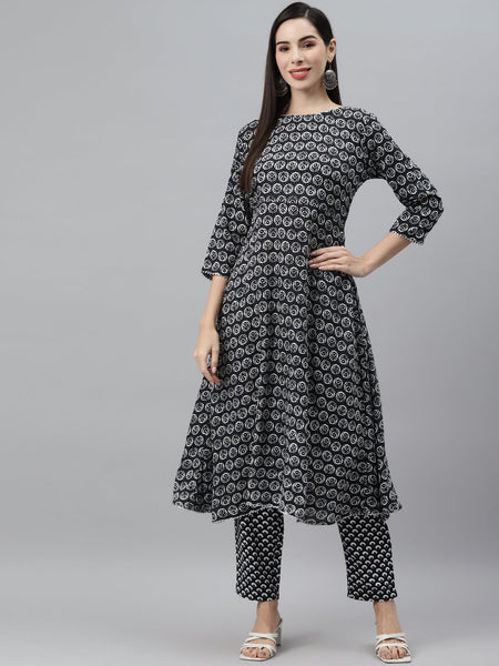 Indibelle Cotton Black Floral Print A-Line Kurta