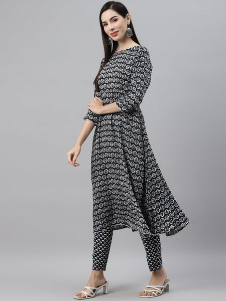 Indibelle Cotton Black Floral Print A-Line Kurta