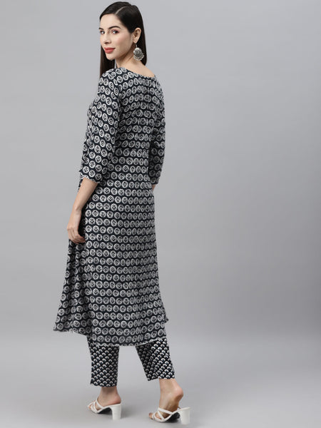Indibelle Cotton Black Floral Print A-Line Kurta