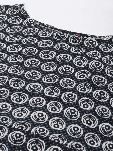 Indibelle Cotton Black Floral Print A-Line Kurta