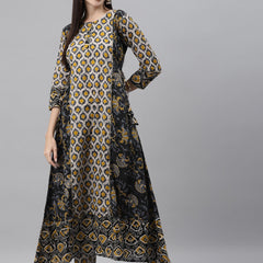 Indibelle Cotton Beige Floral Print A-Line Kurta