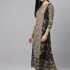 Indibelle Cotton Beige Floral Print A-Line Kurta