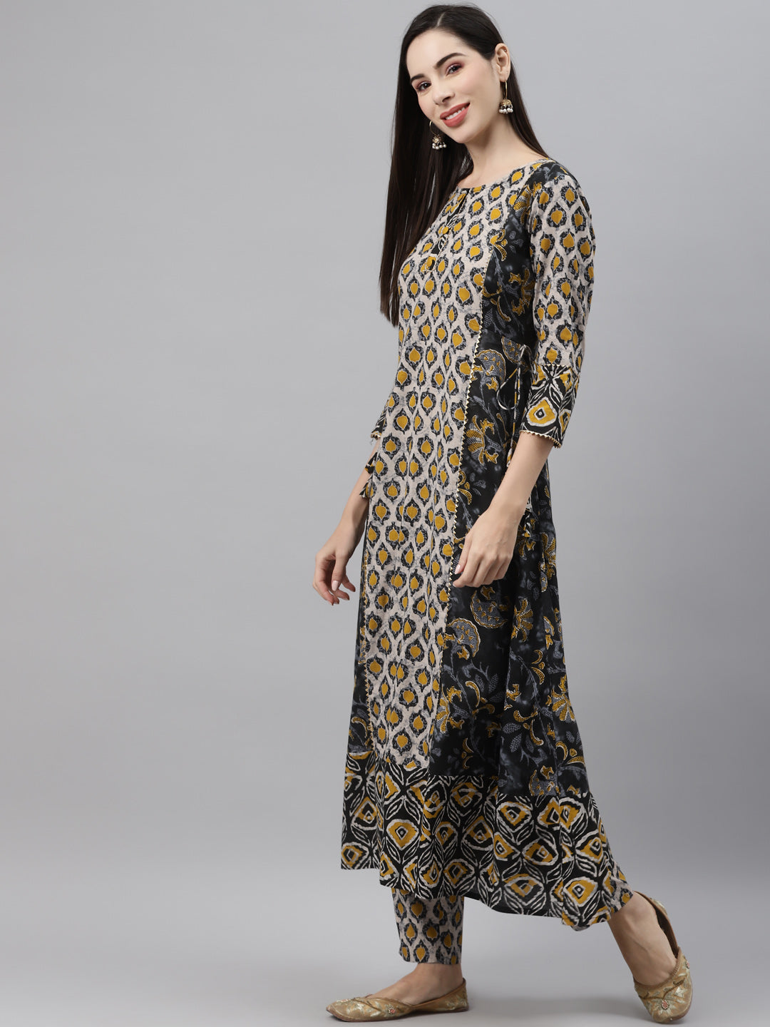 Indibelle Cotton Beige Floral Print A-Line Kurta