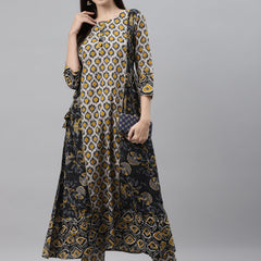 Indibelle Cotton Beige Floral Print A-Line Kurta