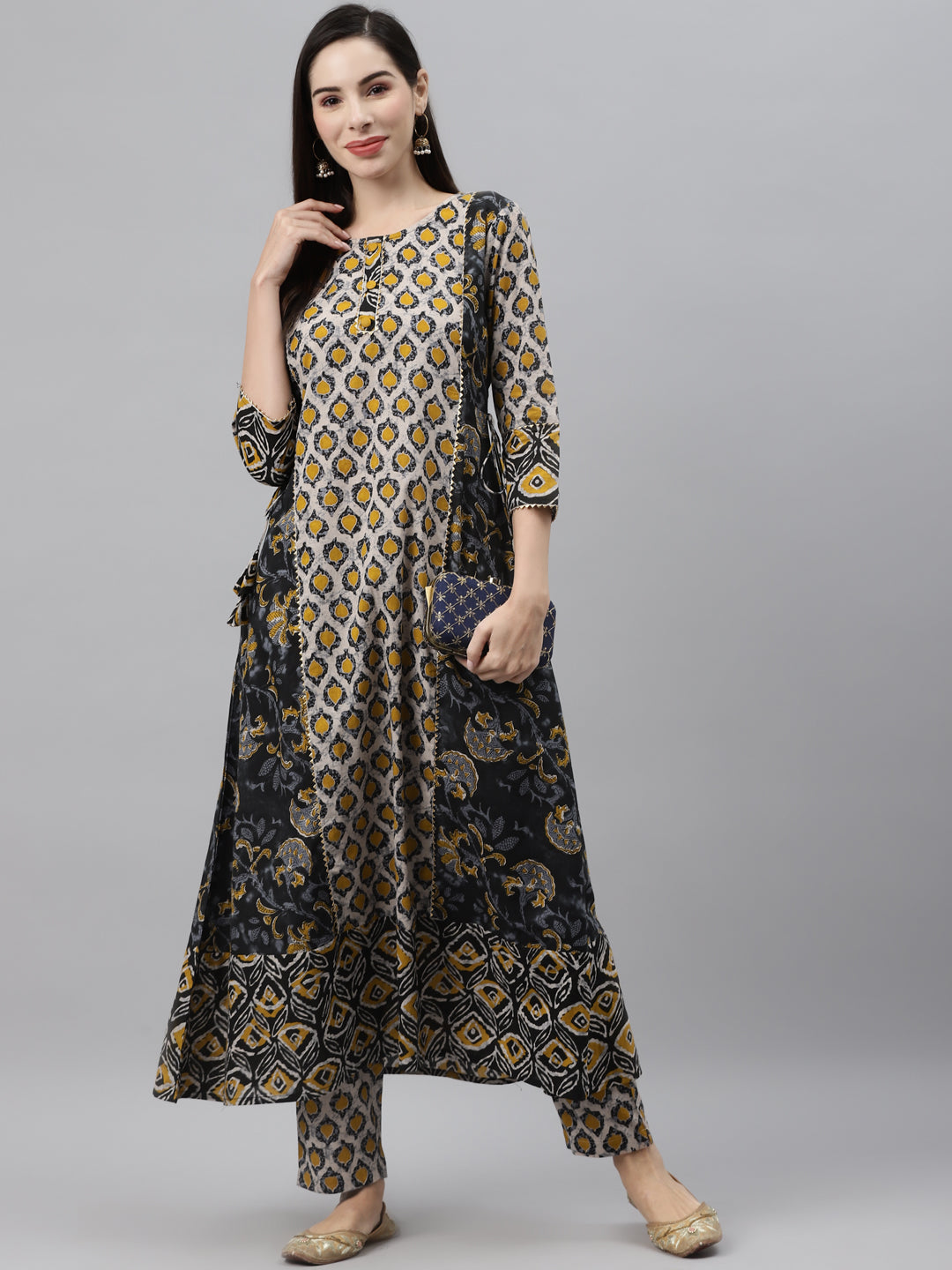 Indibelle Cotton Beige Floral Print A-Line Kurta