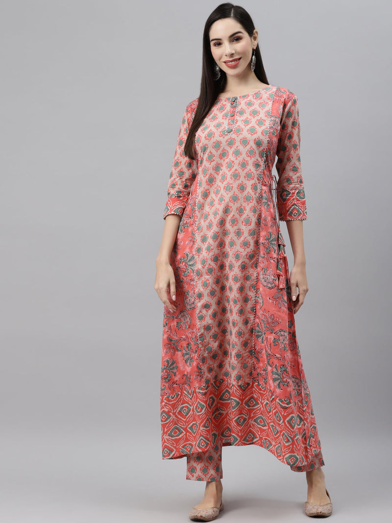 Indibelle Cotton peach Floral Print A-Line Kurta