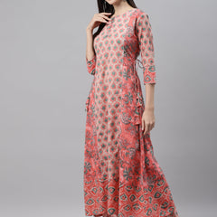 Indibelle Cotton peach Floral Print A-Line Kurta