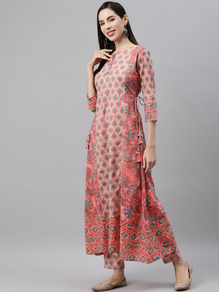 Indibelle Cotton peach Floral Print A-Line Kurta
