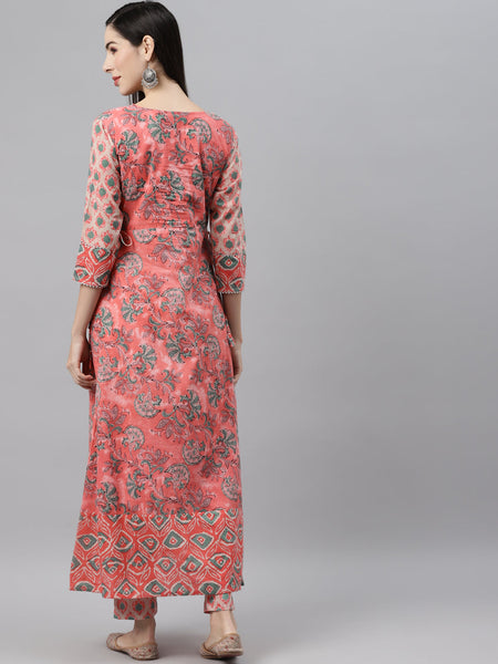 Indibelle Cotton peach Floral Print A-Line Kurta