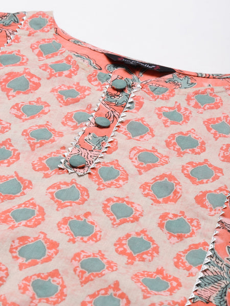 Indibelle Cotton peach Floral Print A-Line Kurta