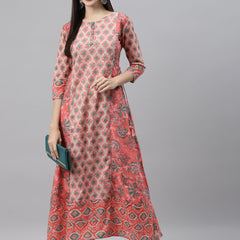 Indibelle Cotton peach Floral Print A-Line Kurta