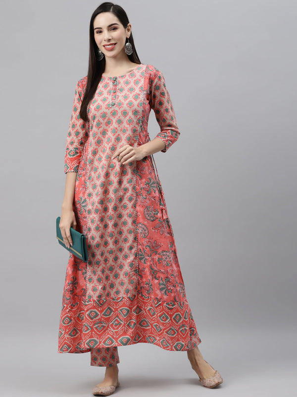 Indibelle Cotton peach Floral Print A-Line Kurta