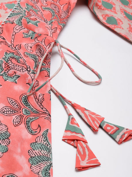 Indibelle Cotton peach Floral Print A-Line Kurta