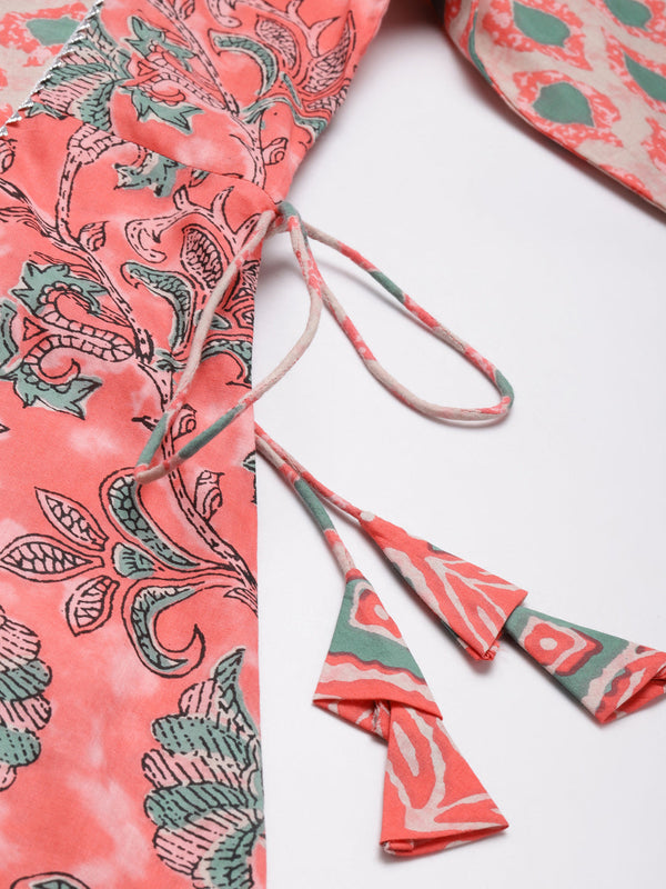 Indibelle Cotton peach Floral Print A-Line Kurta