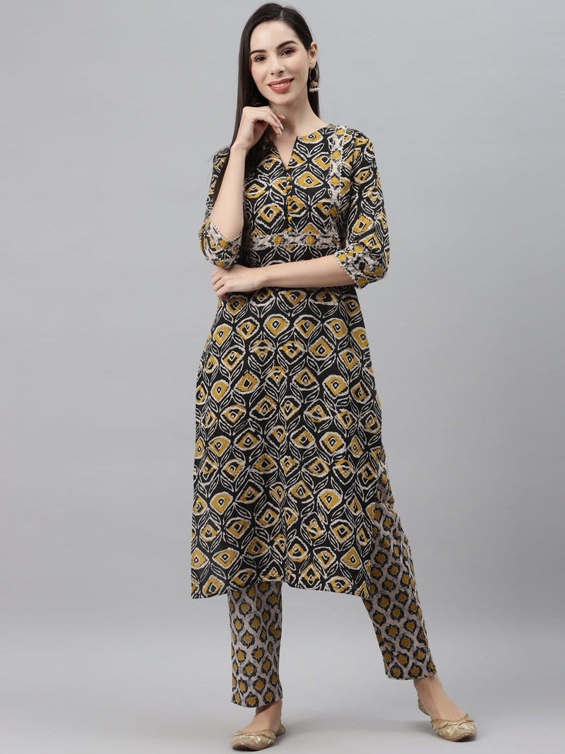 Indibelle Cotton Black Floral Print Straight Kurta