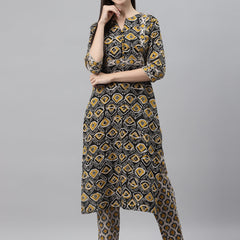 Indibelle Cotton Black Floral Print Straight Kurta
