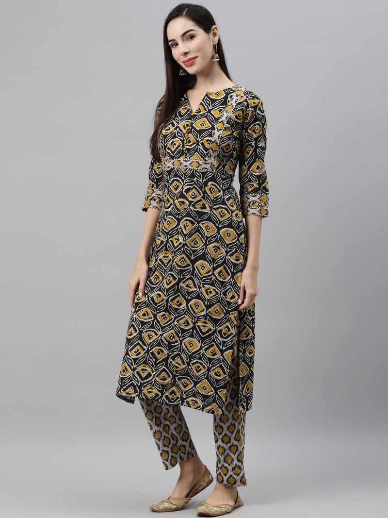 Indibelle Cotton Black Floral Print Straight Kurta