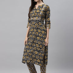 Indibelle Cotton Black Floral Print Straight Kurta