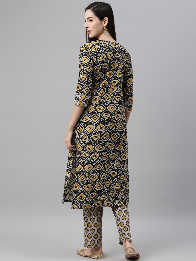 Indibelle Cotton Black Floral Print Straight Kurta