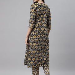 Indibelle Cotton Black Floral Print Straight Kurta